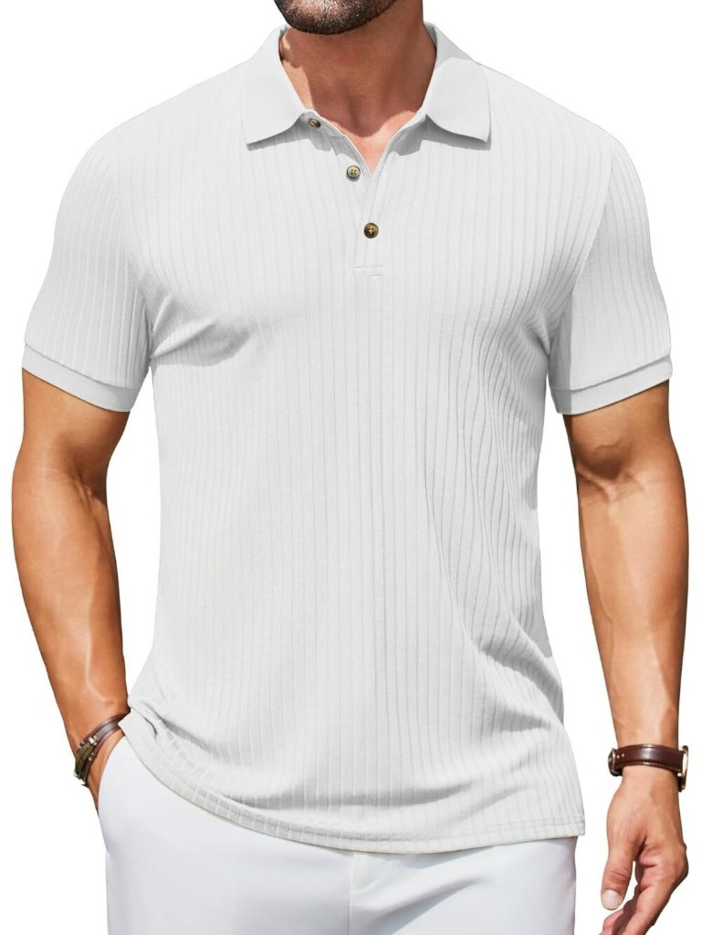 Men's White Textured Polo Shirts Short Sleeve Slim Fit Button Polo Casual